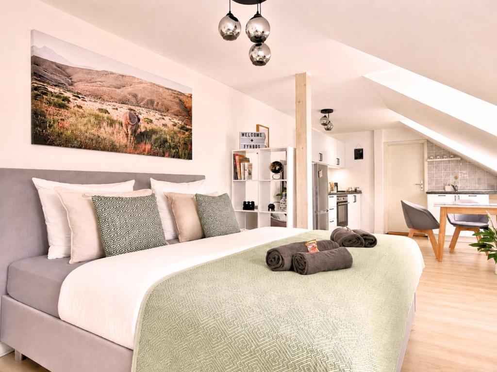 a bedroom with a large bed and a kitchen at Fynbos Studio DG in der Altstadt, Frauenkirchenblick, Parkplatz in Meißen