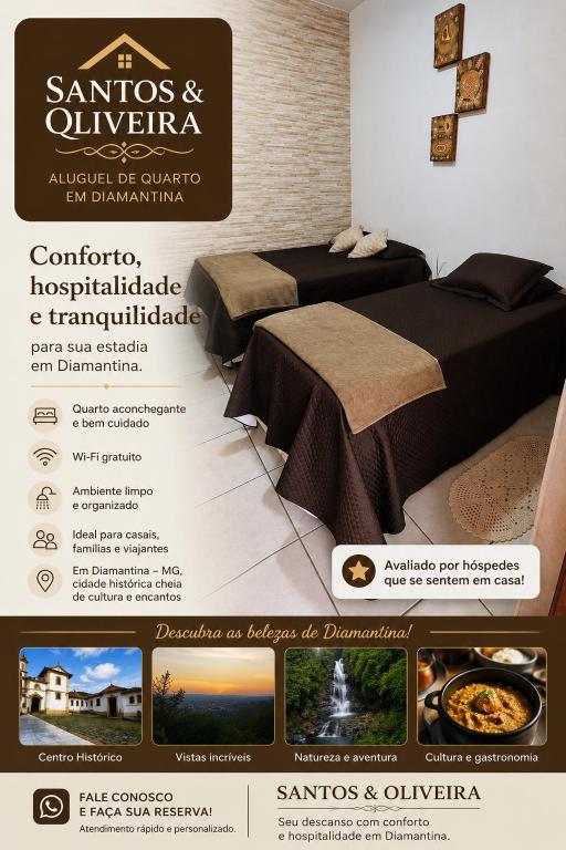 a flyer for a restaurant with two beds at Santos & Oliveira in Diamantina