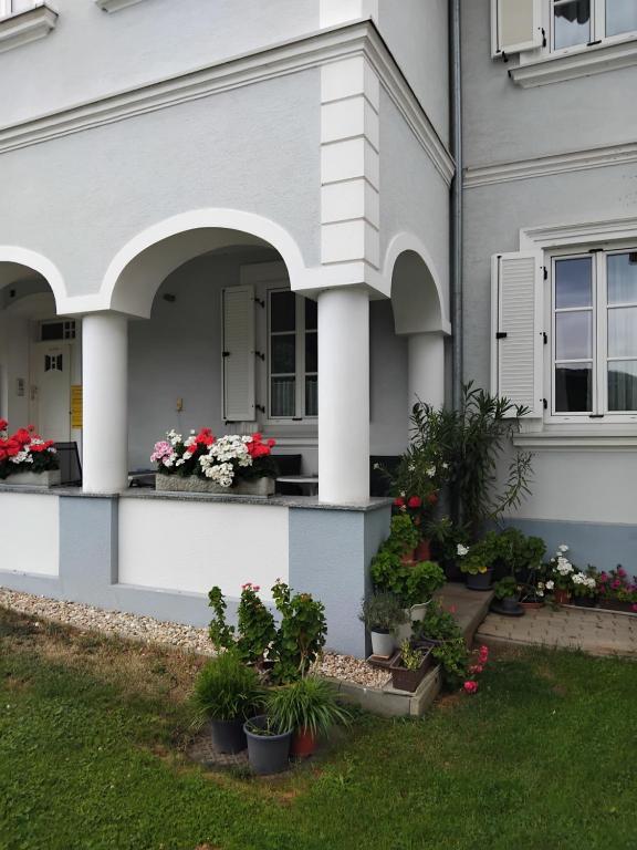 a house with flowers in pots on the side of it at Ferienwohnung DuO in Stubenberg
