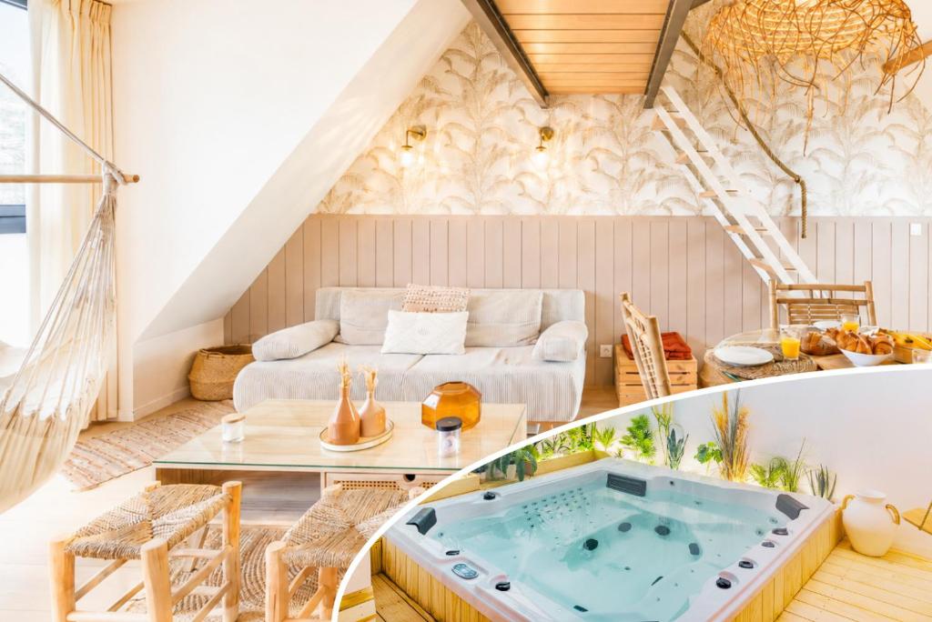 a living room with a jacuzzi tub at Appart'Hôtel & Spa "Les Voiles" Le Molène in Carnac