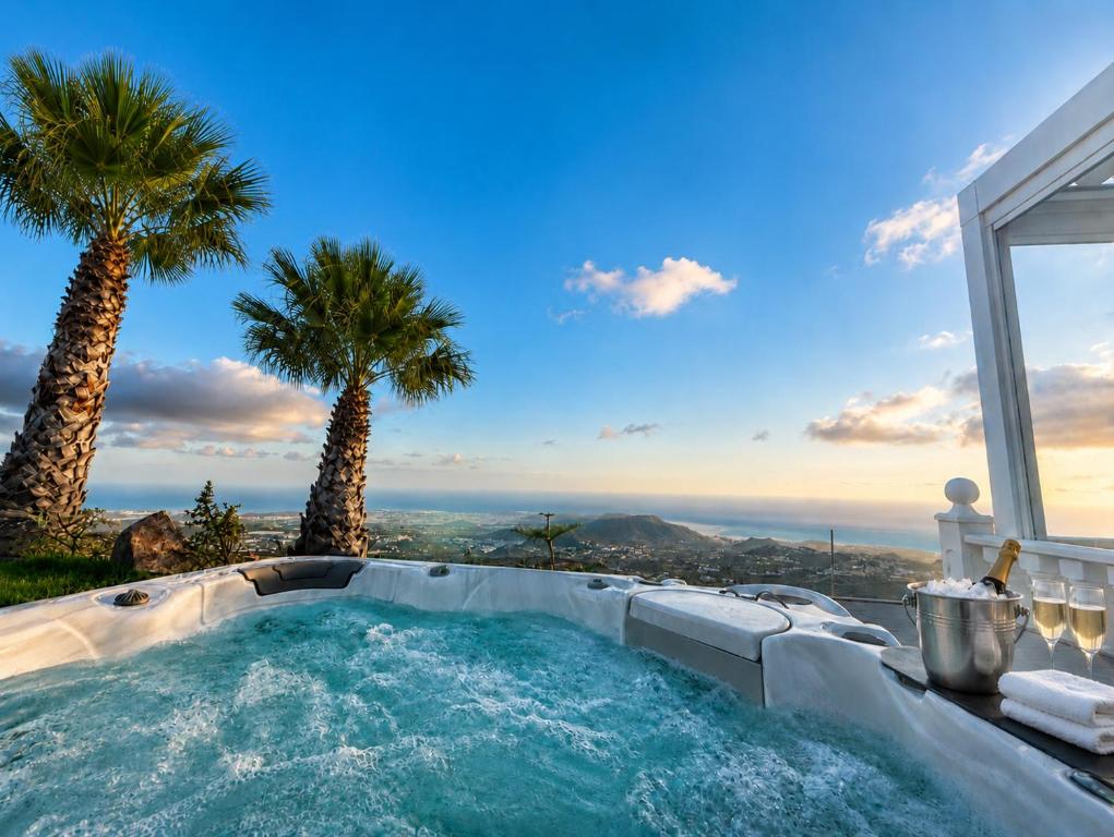 a swimming pool with palm trees and a view at Casa Era Canaria in Arona