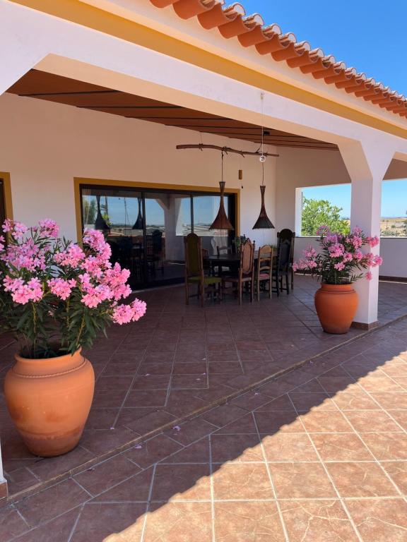 an outdoor patio with pink flowers in pots at Quinta Monte da Azinheira in Amareleja