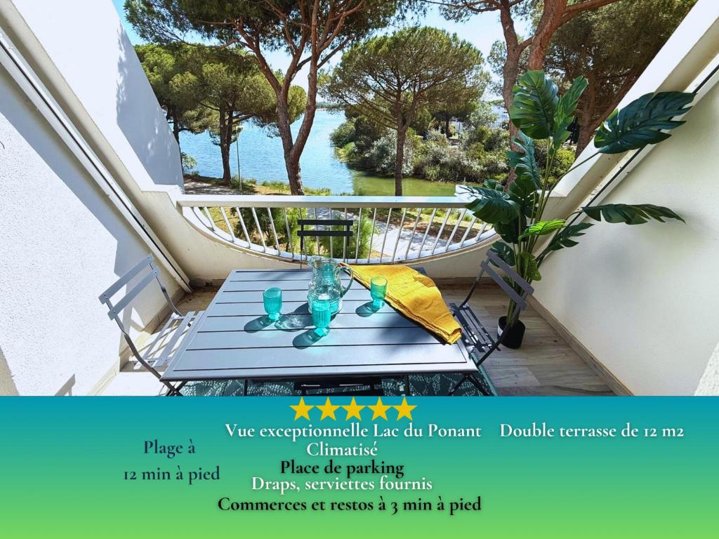 Studio climatisé 4pers La Grande Motte Ponant, Vue exceptionnelle lac, double terrasse, Parking, base nautique, golf & plage à pied, draps & serviettes fournis - 2ème étage sans ascenceur