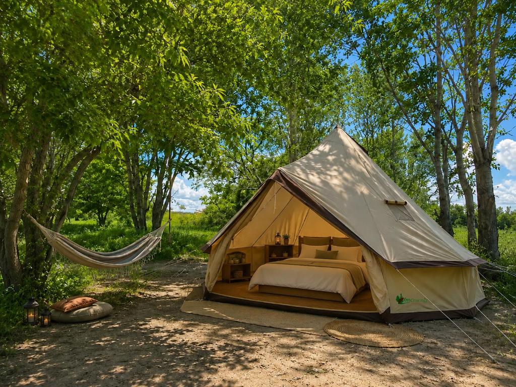 a tent with a bed and a hammock in a field at Gyumri Glamping in Gyumri