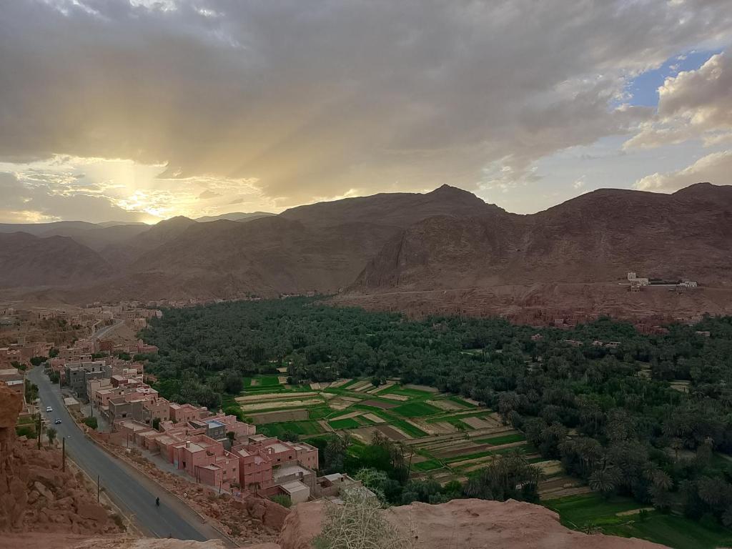 an aerial view of a town in the mountains at Auberge ALI Todra A Natural Oasis in Tinerhir