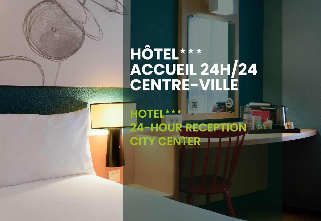 a sign for a hotel room with a bed and a chair at B&B HOTEL Reims Centre Erlon in Reims