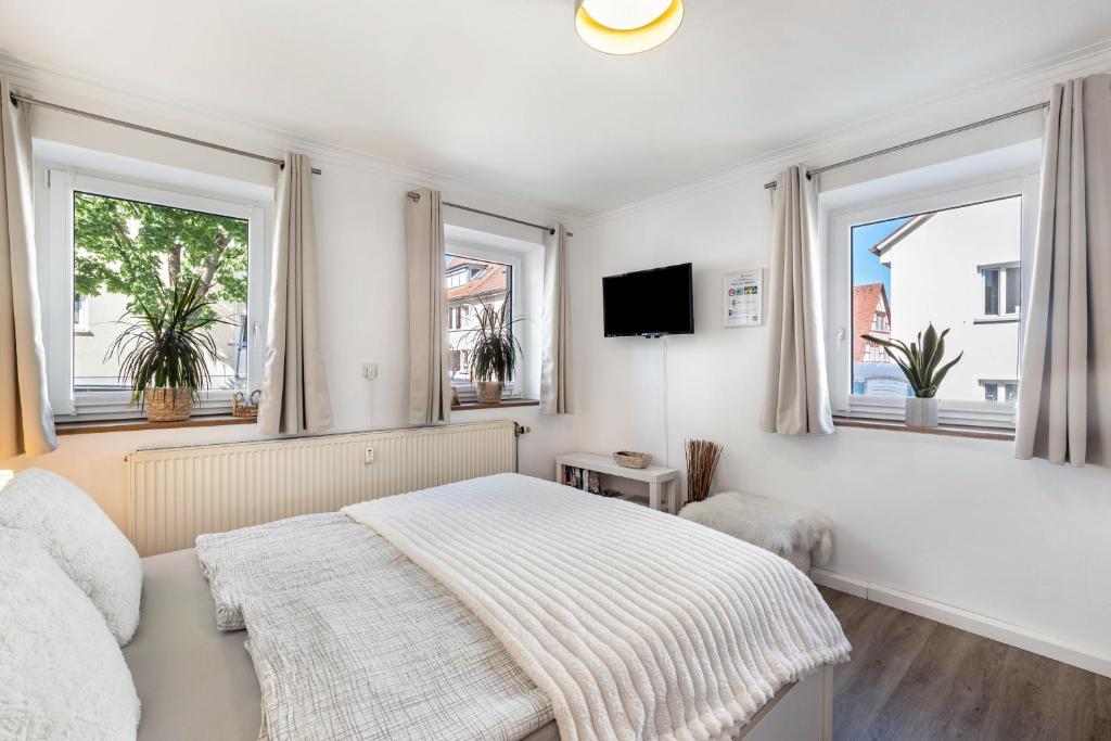 a bedroom with a bed and two windows at Fewo in der Altstadt - Metter in Bietigheim-Bissingen