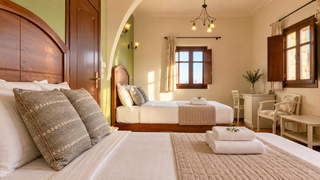 a bedroom with a large bed and a bathroom at Areos Polis Boutique Hotel in Areopoli
