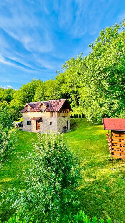 a house in the middle of a green field at Vikend kuca pod lipom in Rudnik