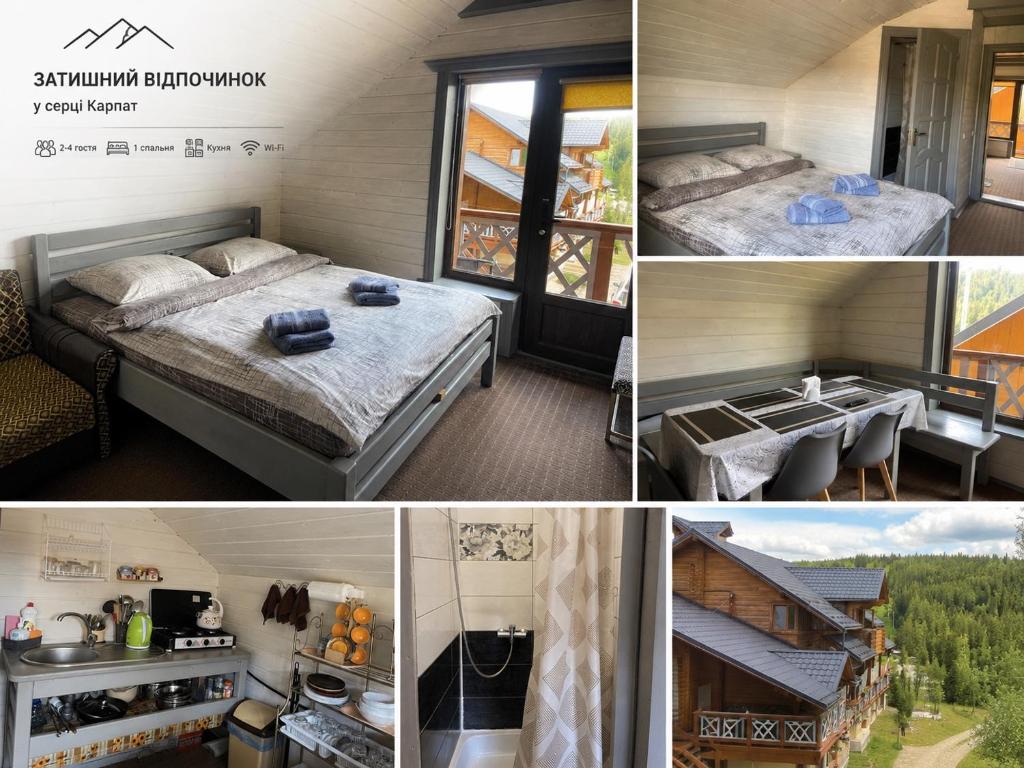 a collage of pictures of a room with two beds at Вовкаль in Yablunytsya