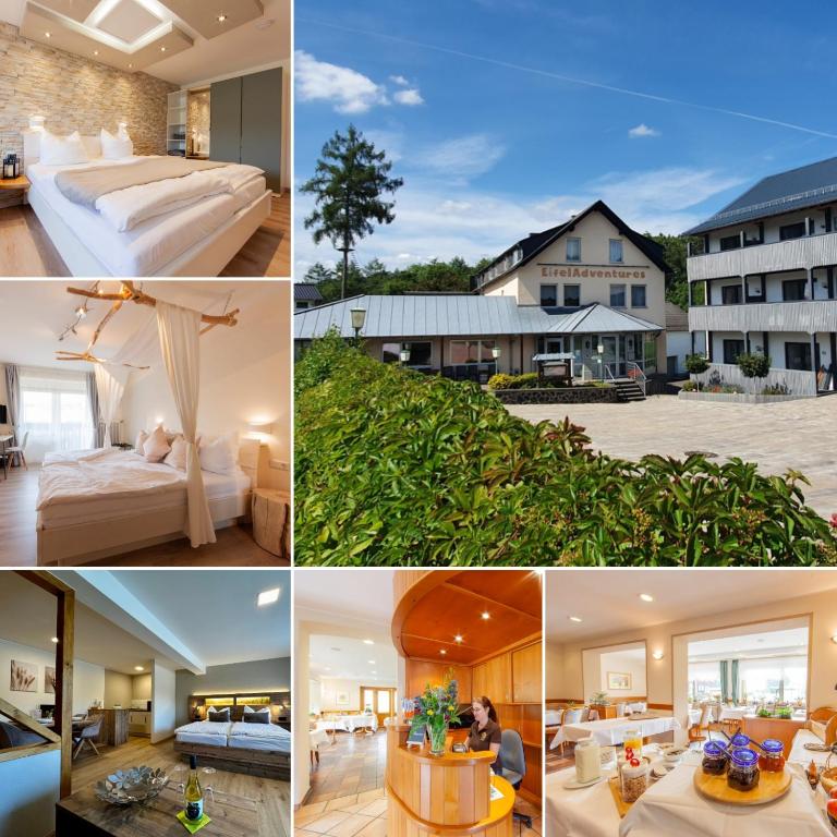 a collage of four pictures of a mansion at Appartementhaus EifelAdventures in Berlingen