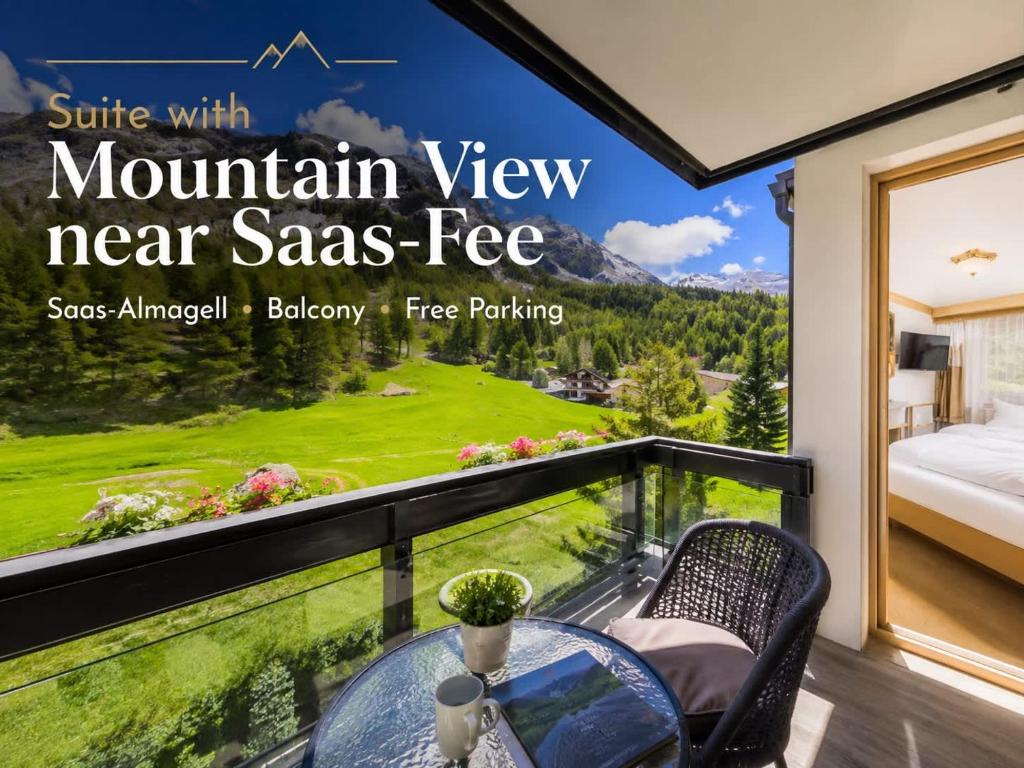a room with a view of a mountain view near sas fee at Suite with Mountain View near Saas-Fee in Saas-Almagell
