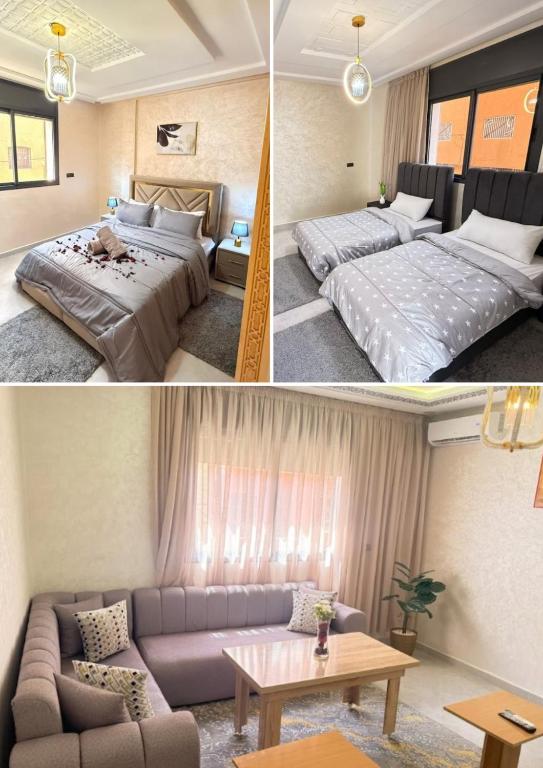 two pictures of a bedroom with beds and a couch at Spacious and Comfortable Apartment in Beni Mellal