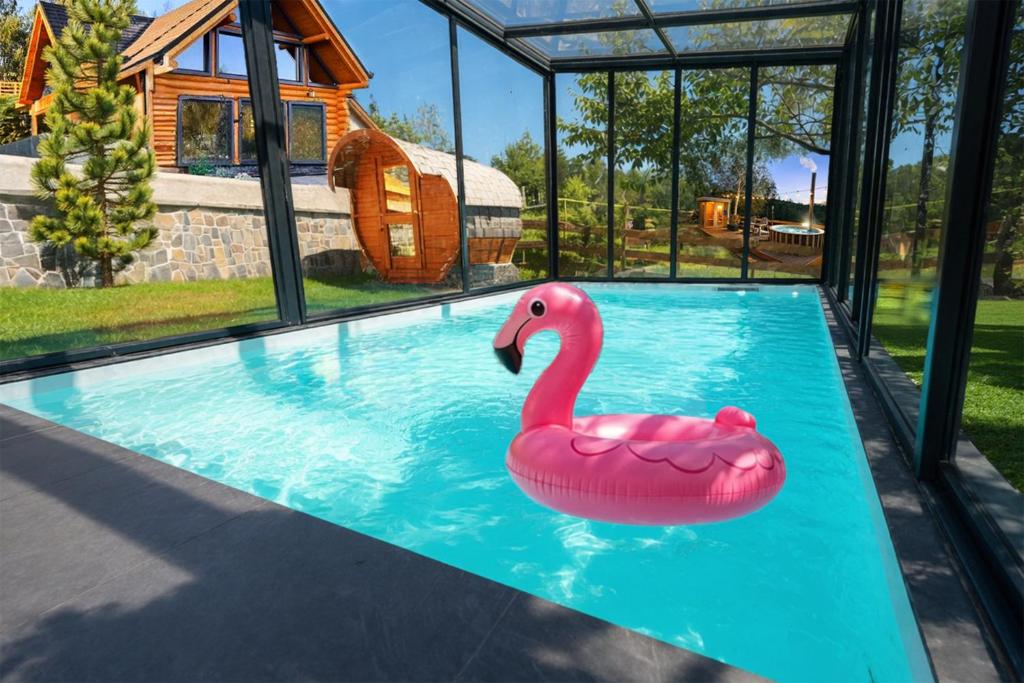a pink swan float in a swimming pool at Căsuța Melimi cu piscină încălzită, ciubăr și saună in Râșca