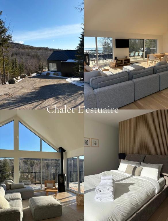 a collage of three pictures of a living room with a couch at Chalet L'Estuaire, River View, Spa in Saint-Joseph-de-la-Rive