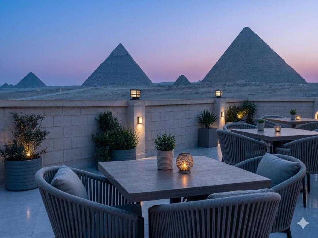 a rooftop patio with tables and chairs at dusk at Pyramids Art Inn in Cairo