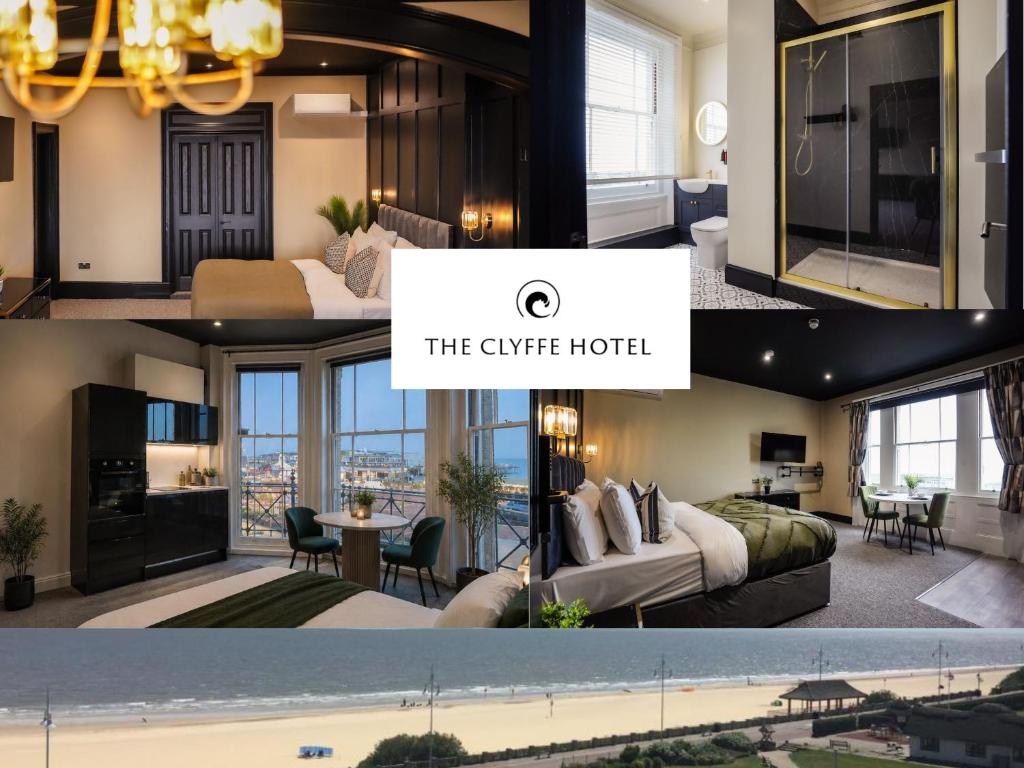 a collage of photos of a hotel room at The Clyffe Hotel in Lowestoft