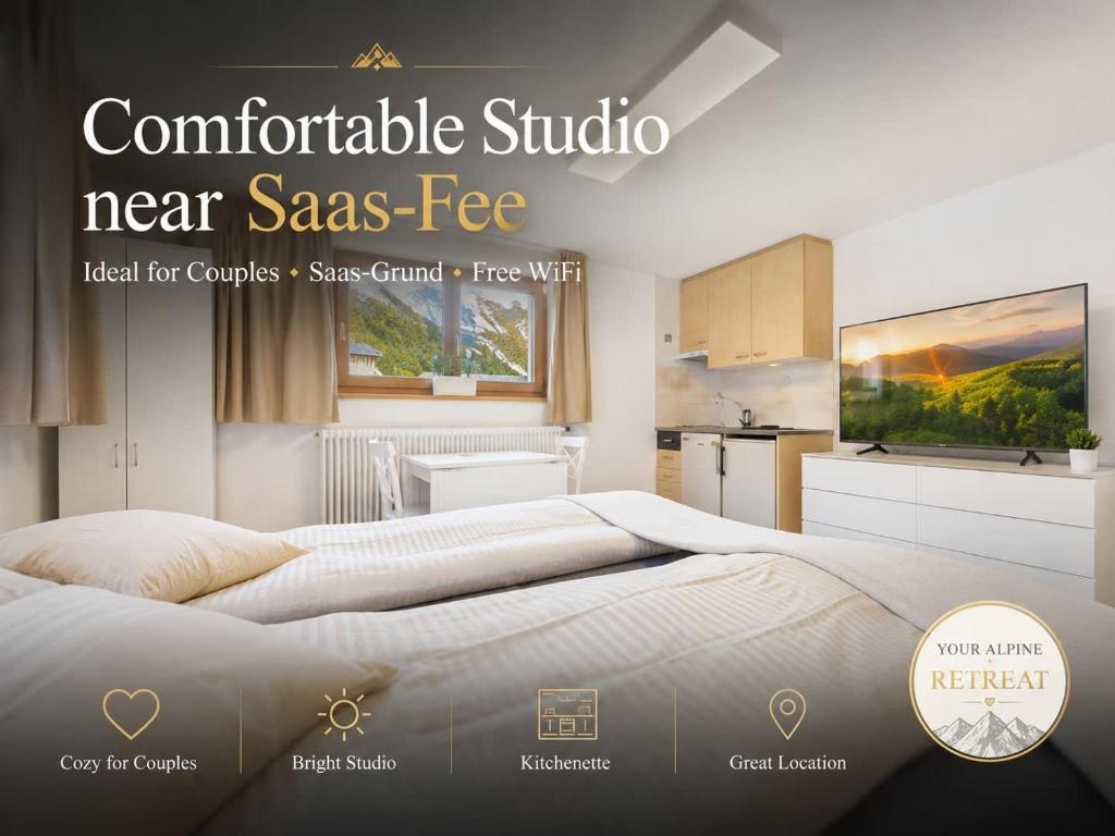 a poster of a bedroom with a bed and a kitchen at Comfortable studio near Saas-Fee ideal for couples in Saas-Grund