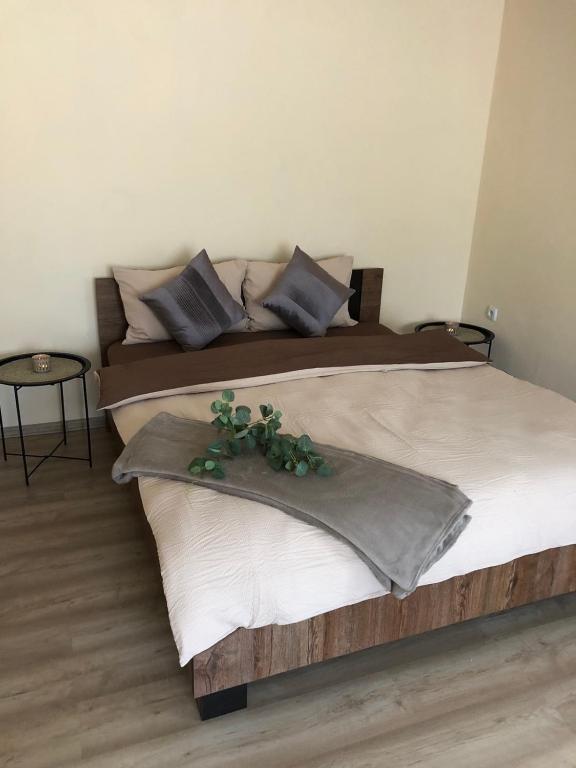 two beds in a bedroom with a plant on them at Light house in Ternopil