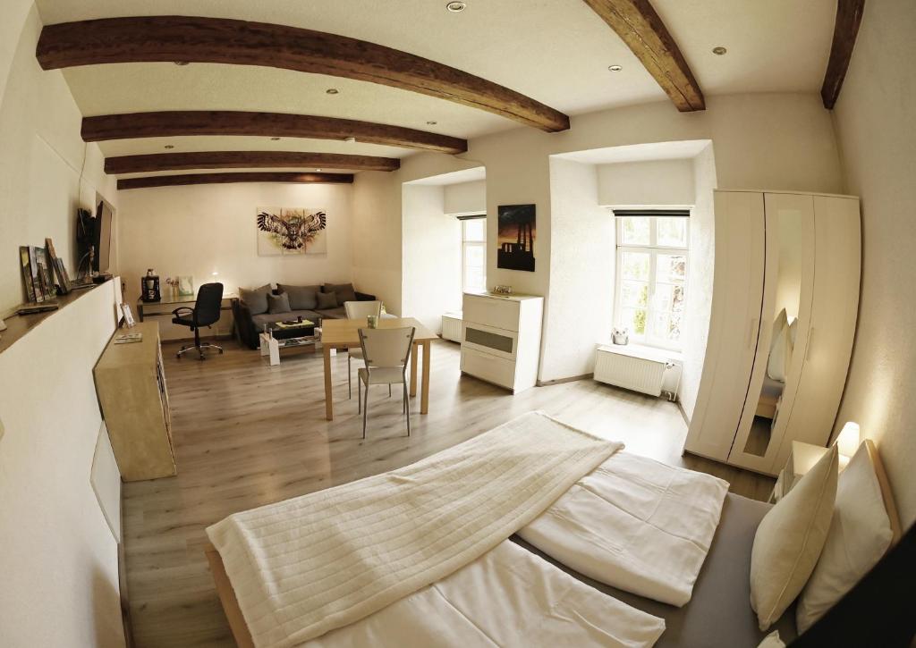 a living room with a couch and a table at Appartement Archimedes - Modernes Wohnen in historischer Drostei im Südharz in Walkenried