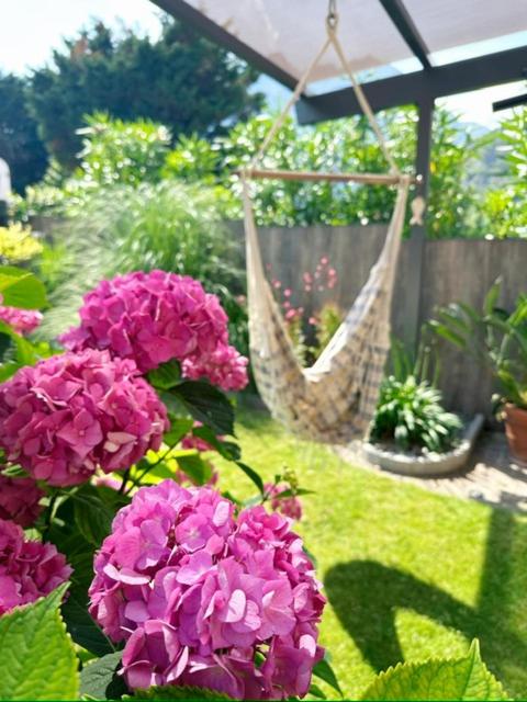a garden with pink flowers and a hammock in the background at Lake House in Nago-Torbole