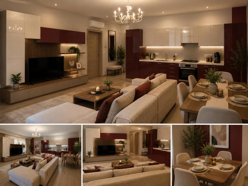 a collage of a living room and a kitchen at HERASTRAU APARTMENTS 3 camere self check-in in Bucharest