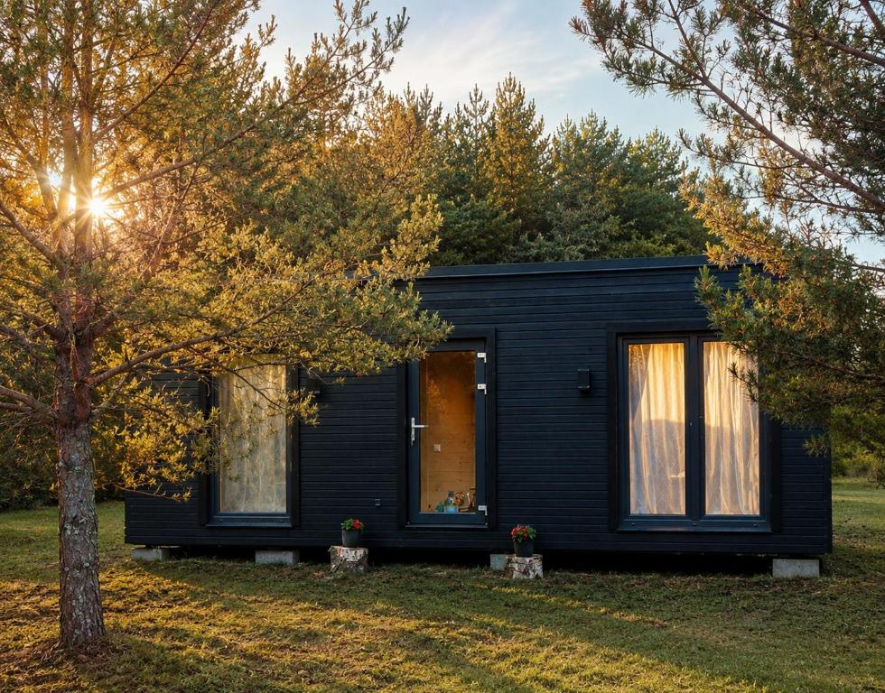 a black tiny house in the middle of a yard at Mērsraga namiņš in Mērsrags