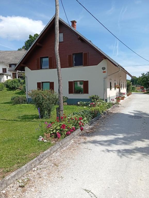 a house with flowers on the side of the road at Studio pr Vok in Lesce