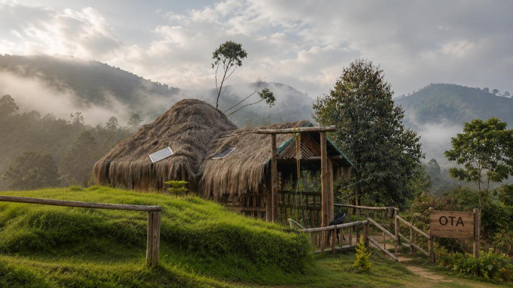 a hut with a grass roof on a hill at Sholanest Mud House and Farm Stay in Vattavada Near Munnar in Vattavada