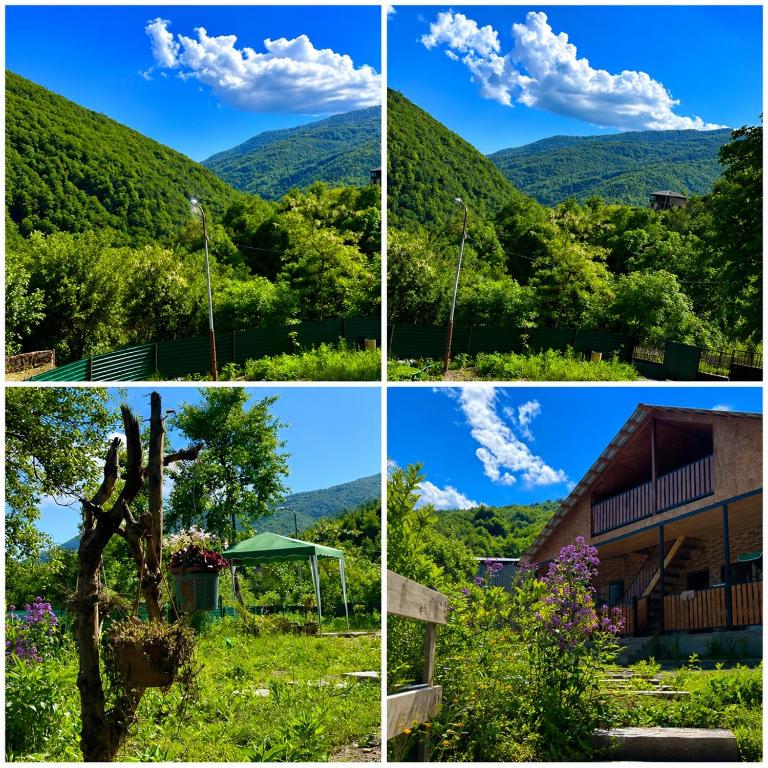 four different views of a mountain at racha cozy cottage in Ambrolauri