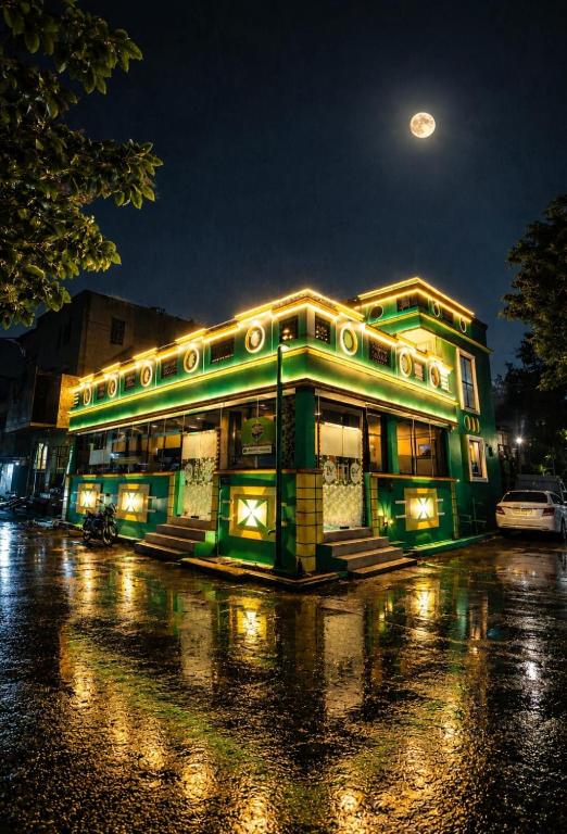 a green building on a city street at night at Eden Villa in Virāmpattinam