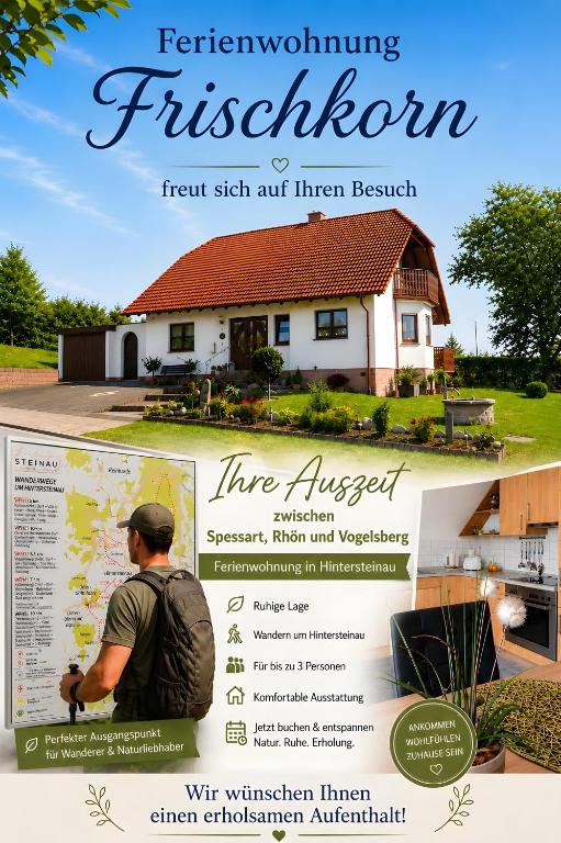 a flyer for a house with a man in front of it at Ferienwohnung Frischkorn in Steinau an der Straße
