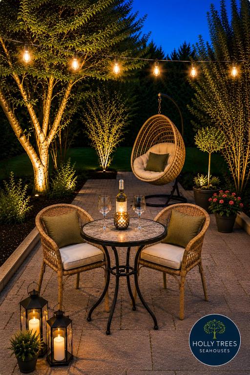 a patio with a table and chairs with lights at Holly Trees Guest Accommodation in Seahouses