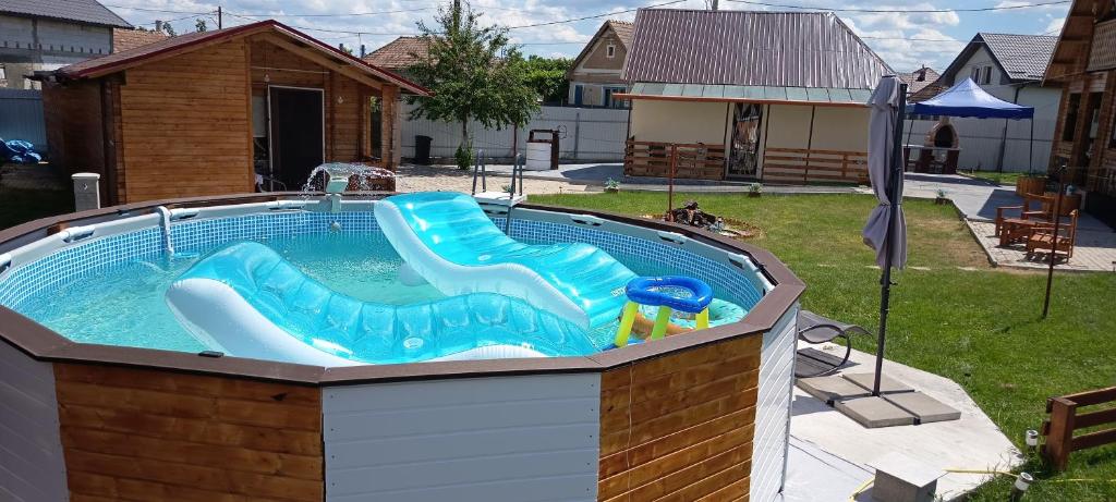 ein Pool im Garten mit Rutsche und Wasserpark in der Unterkunft Sunset Oasis in Dătăşeni
