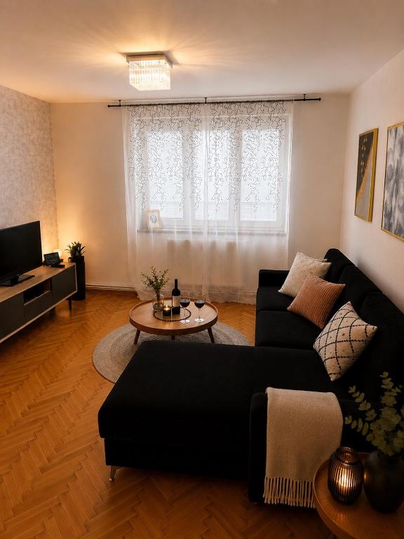 a living room with a black couch and a table at Apartmán Višňovka in Pardubice