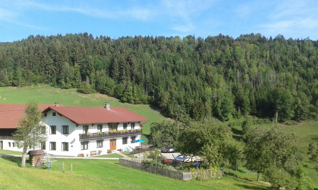 een groot huis met een rood dak op een heuvel bij Eggbauer in Sankt Anton an der Jessnitz