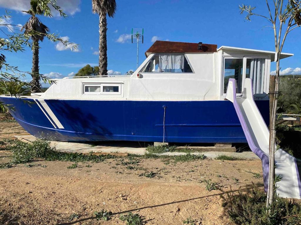 a blue and white boat with a slide at Original Friendly Boat in Sant Pau dʼOrdal