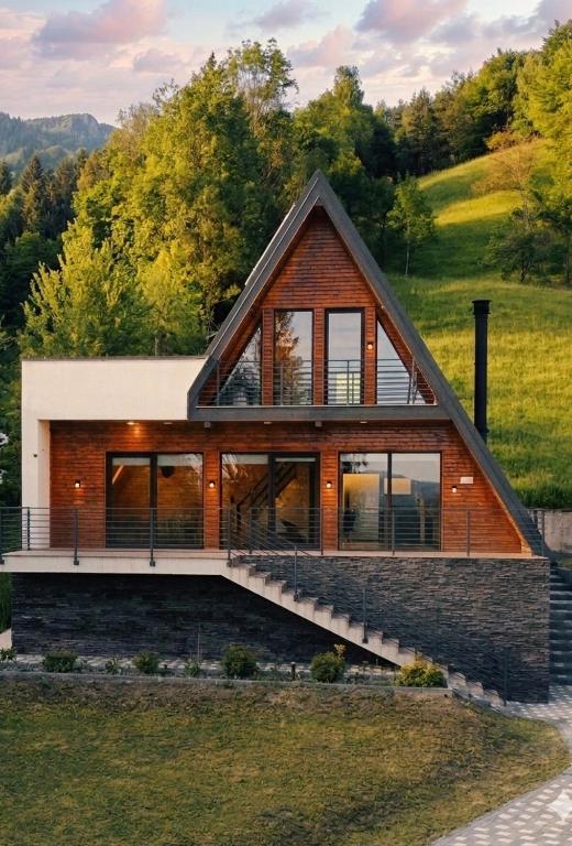 a house with a pitched roof with glass windows at A-frame Noa Cabin in Teşila