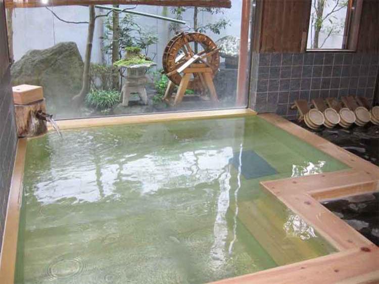 a pool of green water in a room with a table at Yudanaka Yasuragi in Yamanouchi