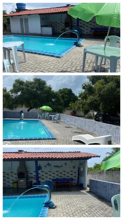 Zwei Bilder eines Swimmingpools mit Tisch und Sonnenschirm in der Unterkunft Chácara in Conde