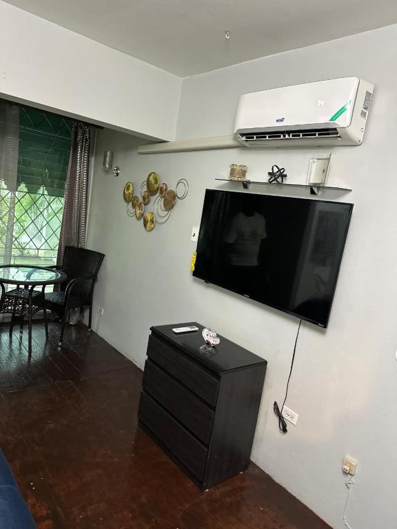 a living room with a flat screen tv on a wall at Diamond Palace in Kingston