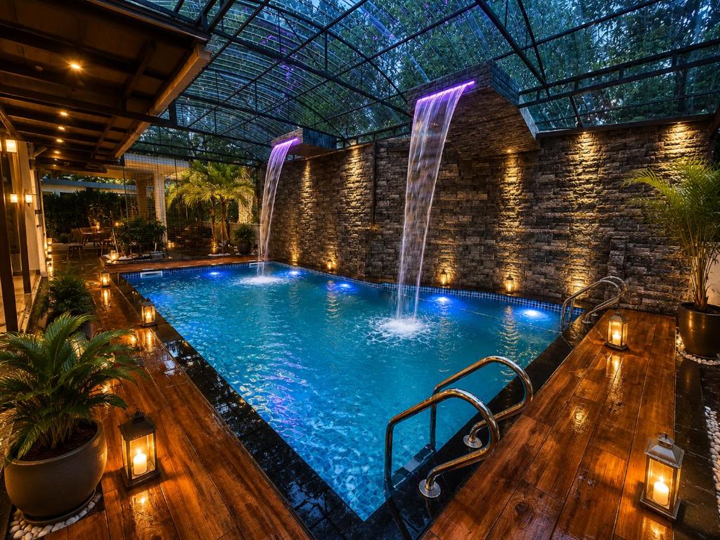 a swimming pool with a waterfall in a building at Mon Reve Holidays in Kozhikode