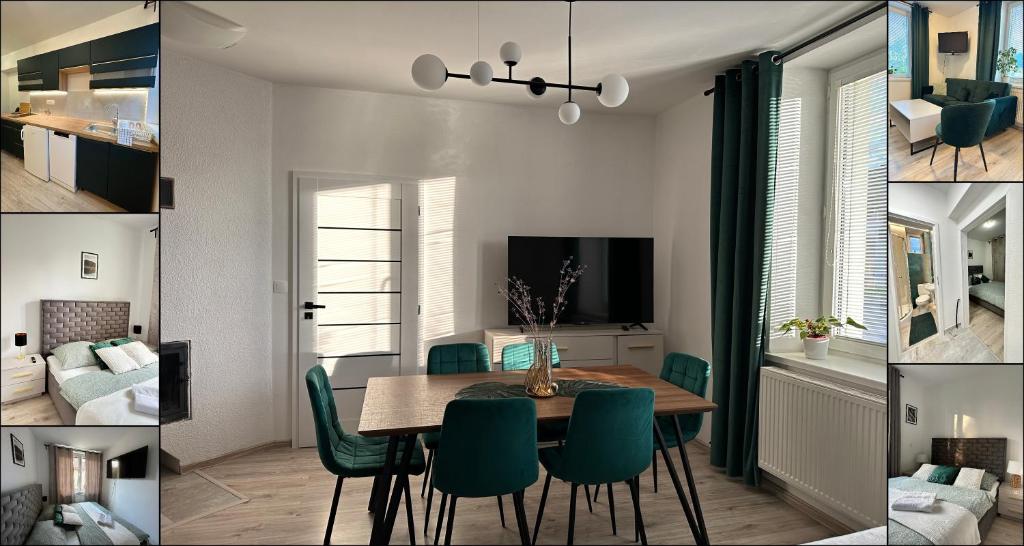 a dining room and living room with a table and chairs at Above Apartments in Liptovský Mikuláš