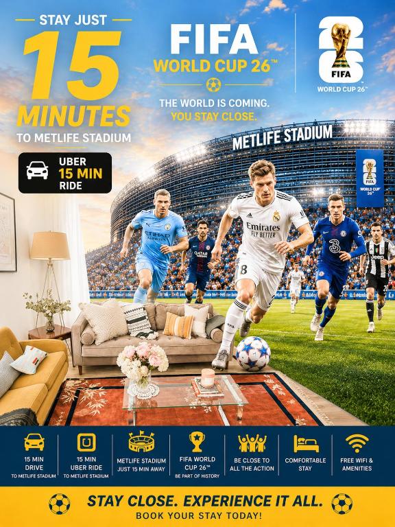 a flyer for a fifa world cup game at Garden Oasis 3BR 15 min FIFA World Cup MetLife Std in Harrison