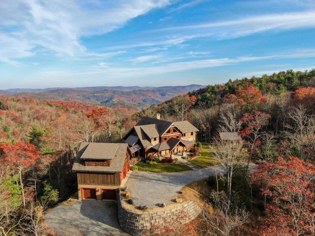 an aerial view of a home in the mountains at Bailey's Creek Lodge in Lenoir