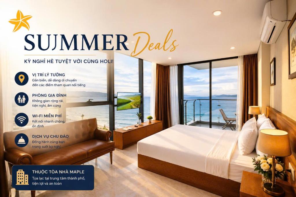 a hotel room with a bed and a view of the ocean at Holi Beach Hotel & Apartments in Nha Trang