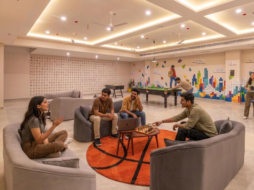 a group of people sitting in a room with a table at The Hosteller Gurgaon in Gurgaon