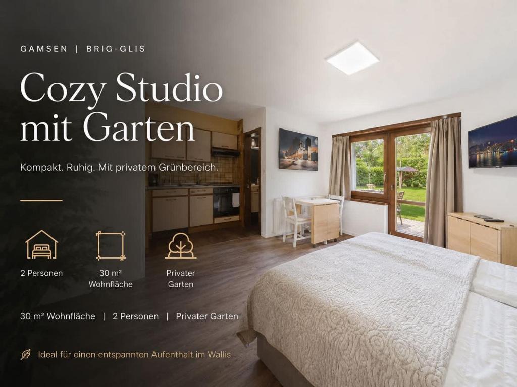 a hotel room with a bed in a bedroom at Cozy Studio with a Garden in Gamsen
