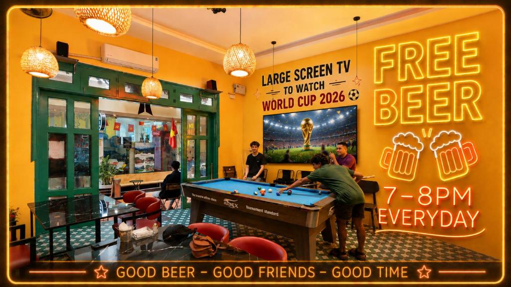 a sign for a beer bar with a pool table at Hanoi Oldtown Nomad Hostel & Pub in Hanoi