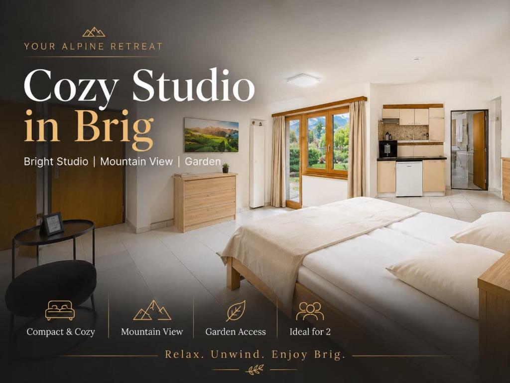 a poster of a bedroom with a bed and a kitchen at Cozy Studio in Brig in Gamsen